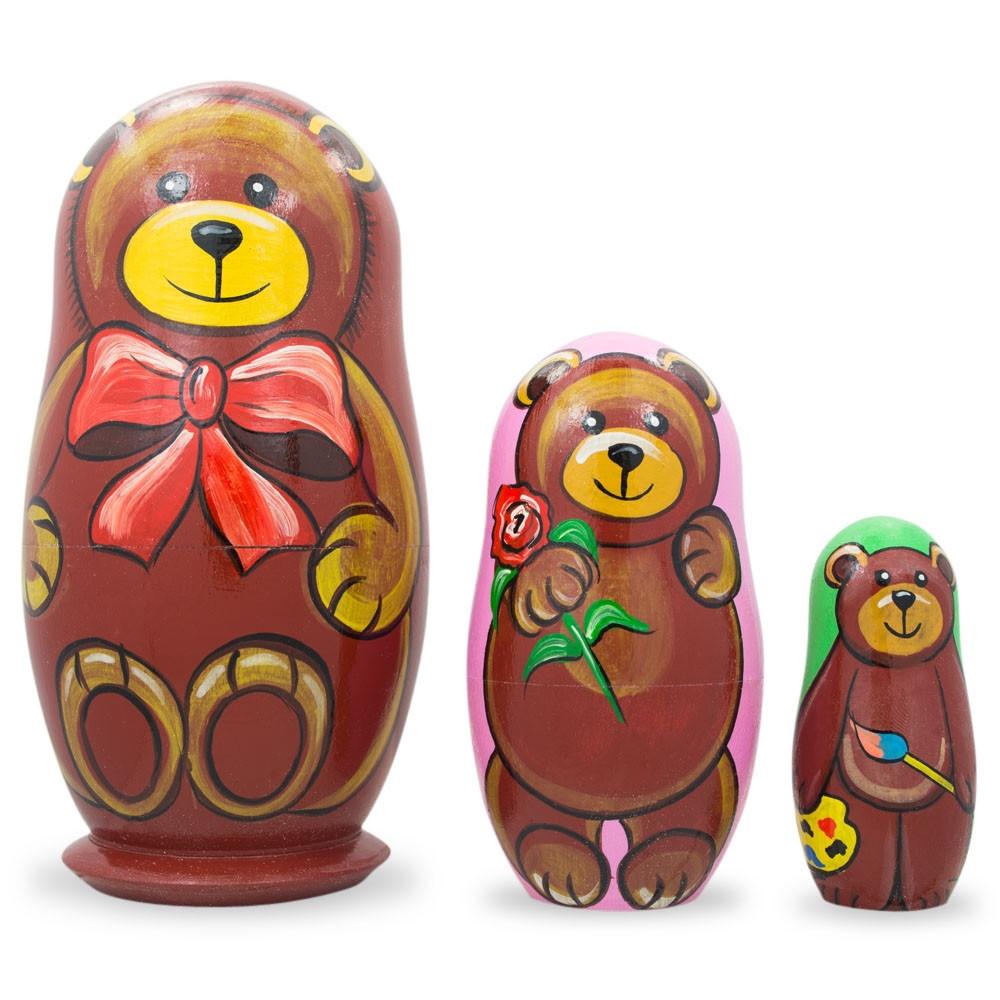 Set Of 3 Bears With Rose And Bow Wooden Nesting Dolls 4.25 Inches  |   Personalized Ornaments Personalized