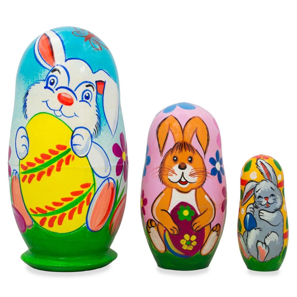 Set Of 3 Bunnies And Easter Eggs Wooden Nesting Dolls 4.25 Inches  |   Personalized Ornaments Personalized