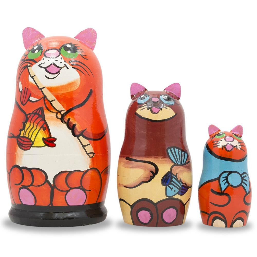 Set Of 3 Cats With Fish And Rod Wooden Nesting Dolls 5.5 Inches  |   Personalized Ornaments Personalized