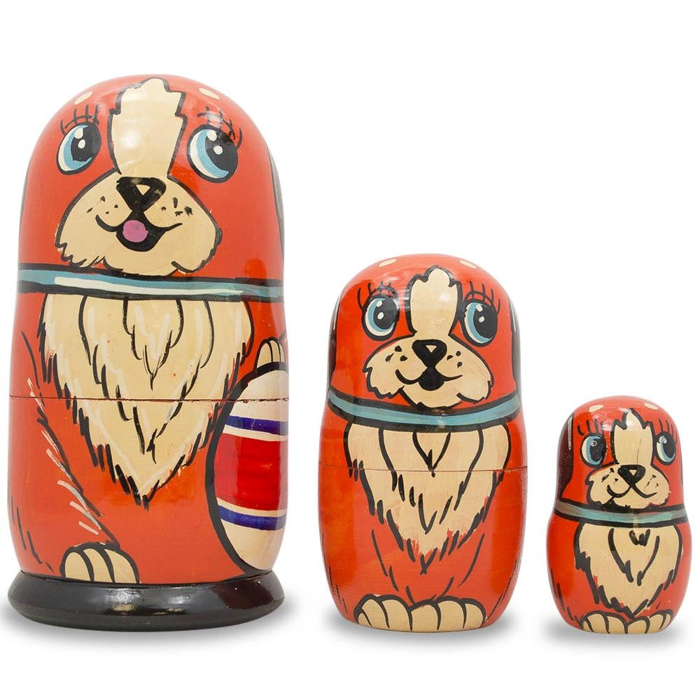 Set Of 3 Dogs With Ball  Wooden Nesting Dolls 5 Inches  |   Personalized Ornaments Personalized