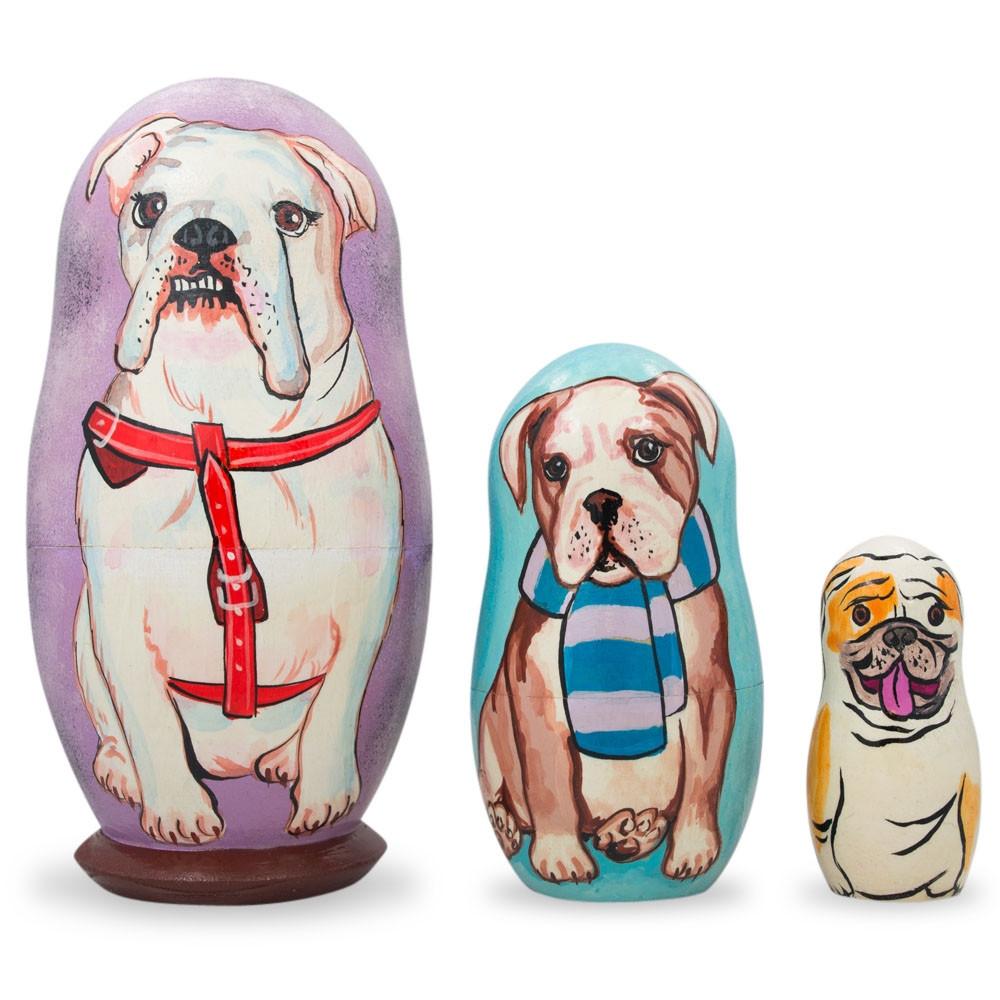 Set Of 3 Friendly Bulldogs Wooden Nesting Dolls 4.25 Inches  |   Personalized Ornaments Personalized