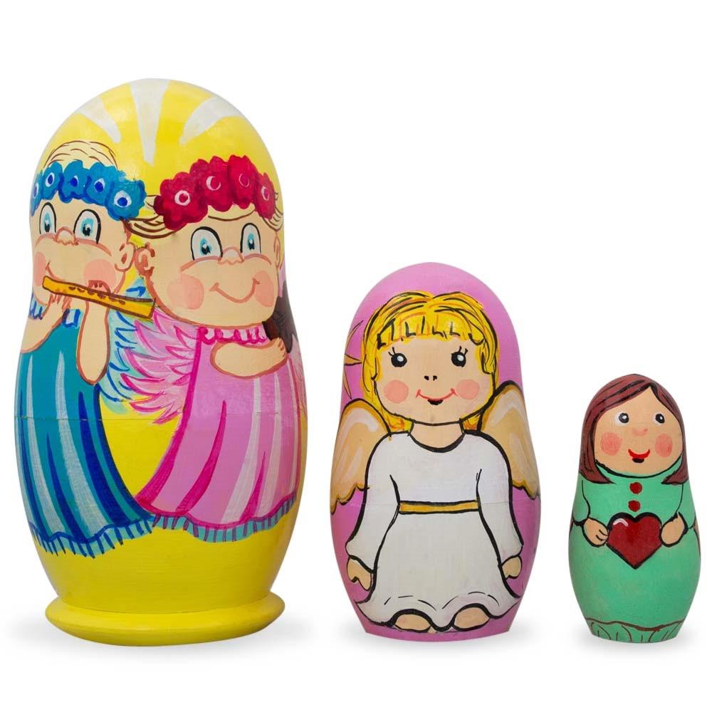 Set Of 3 Guardian Angels With Flute, Heart Wooden Nesting Dolls 4.25 Inches  |   Personalized Ornaments Personalized