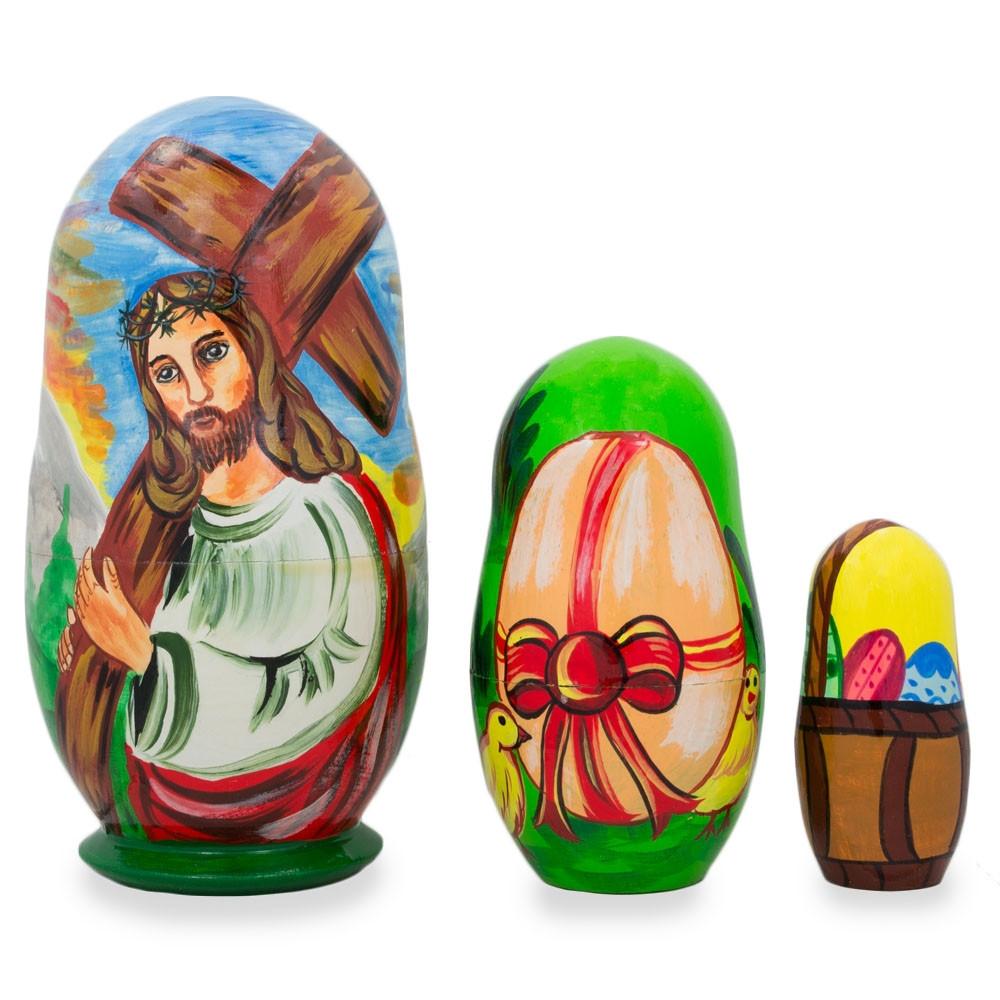 Set Of 3 Jesus With Cross, Easter Eggs Wooden Nesting Dolls 4.25 Inches  |   Personalized Ornaments Personalized