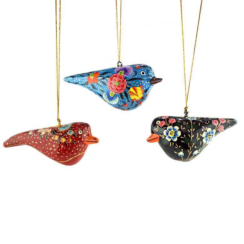 Set Of 3 Red, Blue And Black Birds Wooden Christmas Ornaments 3.5 Inches Long  |   Animals Animals Animals