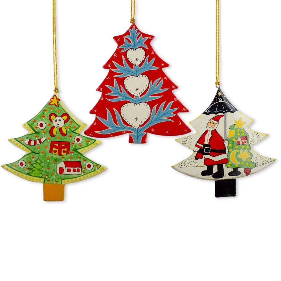 Set Of 3 Santa And Christmas Trees Wooden Christmas Ornaments  |   Tree Shaped Ornaments Tree Shaped