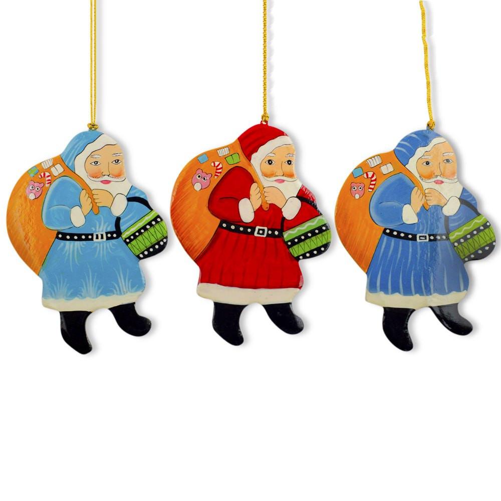 Set Of 3 Santa Claus With Gifts Wooden Christmas Ornaments  |   Santa Ornaments Santa