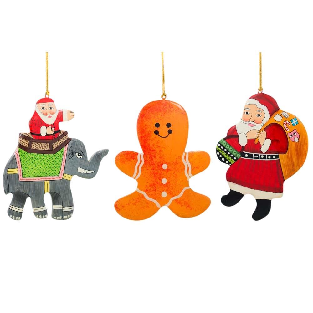 Set Of 3 Santa, Gingerbread And Elephant Wooden Christmas Ornaments  |   Gingerbread Gingerbread Gingerbread