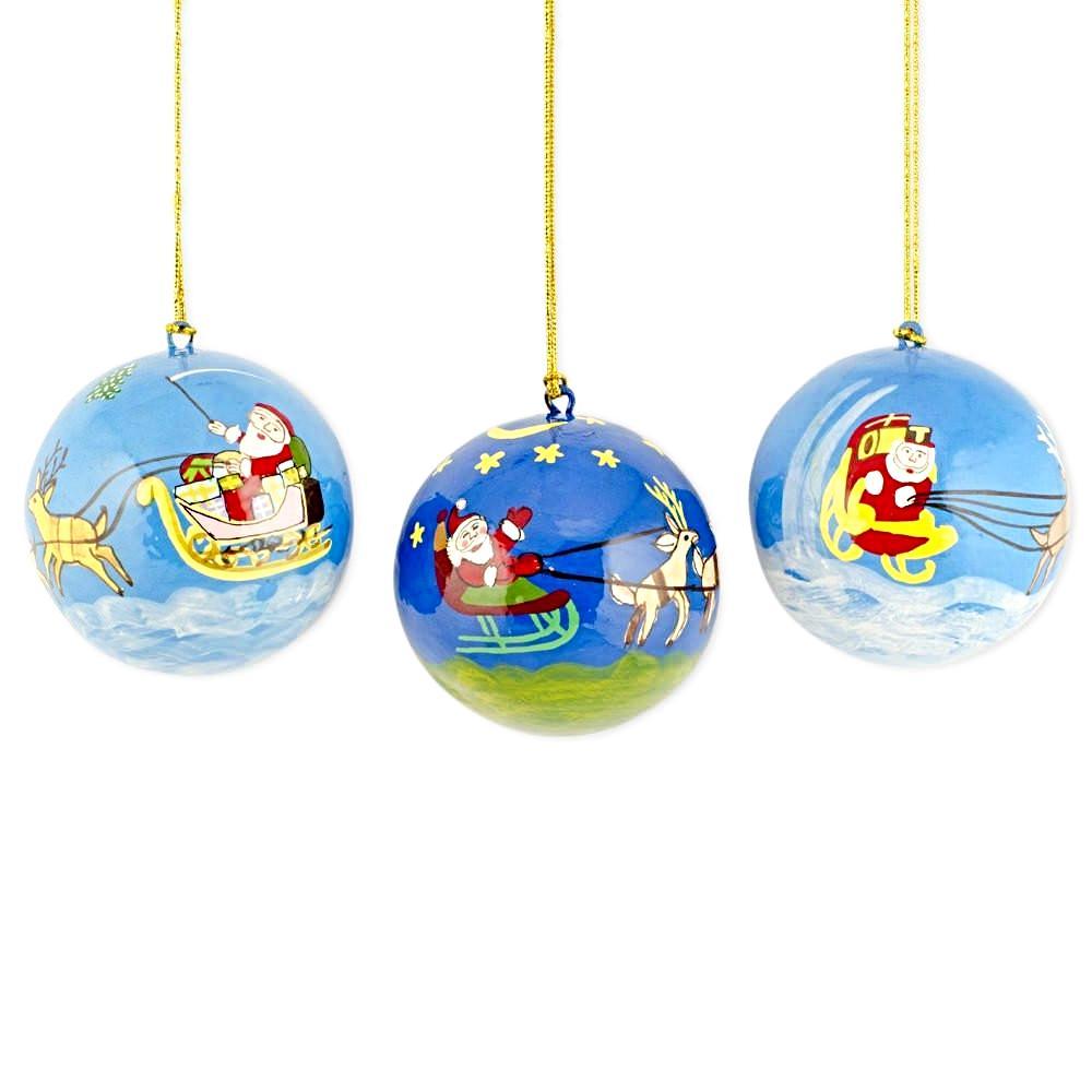 Set Of 3 Santa Sleigh And Reindeer Wooden Christmas Ball Ornaments  |   Santa Ornaments Santa