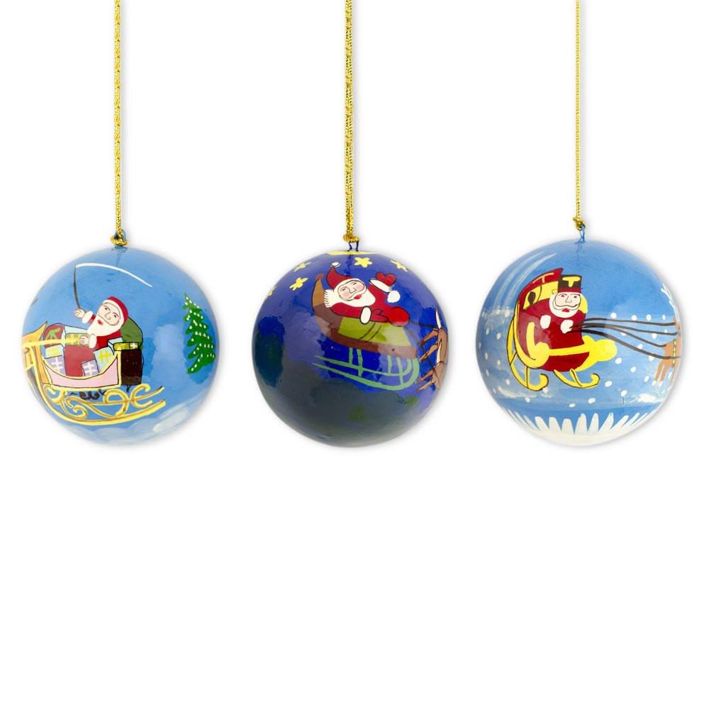 Set Of 3 Santa Sleigh And Reindeer Wooden Christmas Ball Ornaments  |   Santa Ornaments Santa