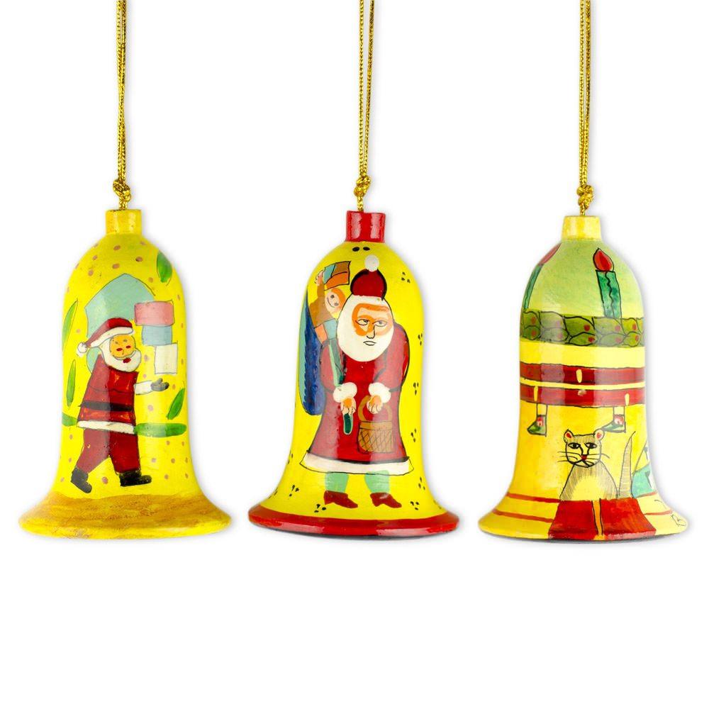 Set Of 3 Santa Wooden Bell Christmas Ornaments  |   Santa Ornaments Santa