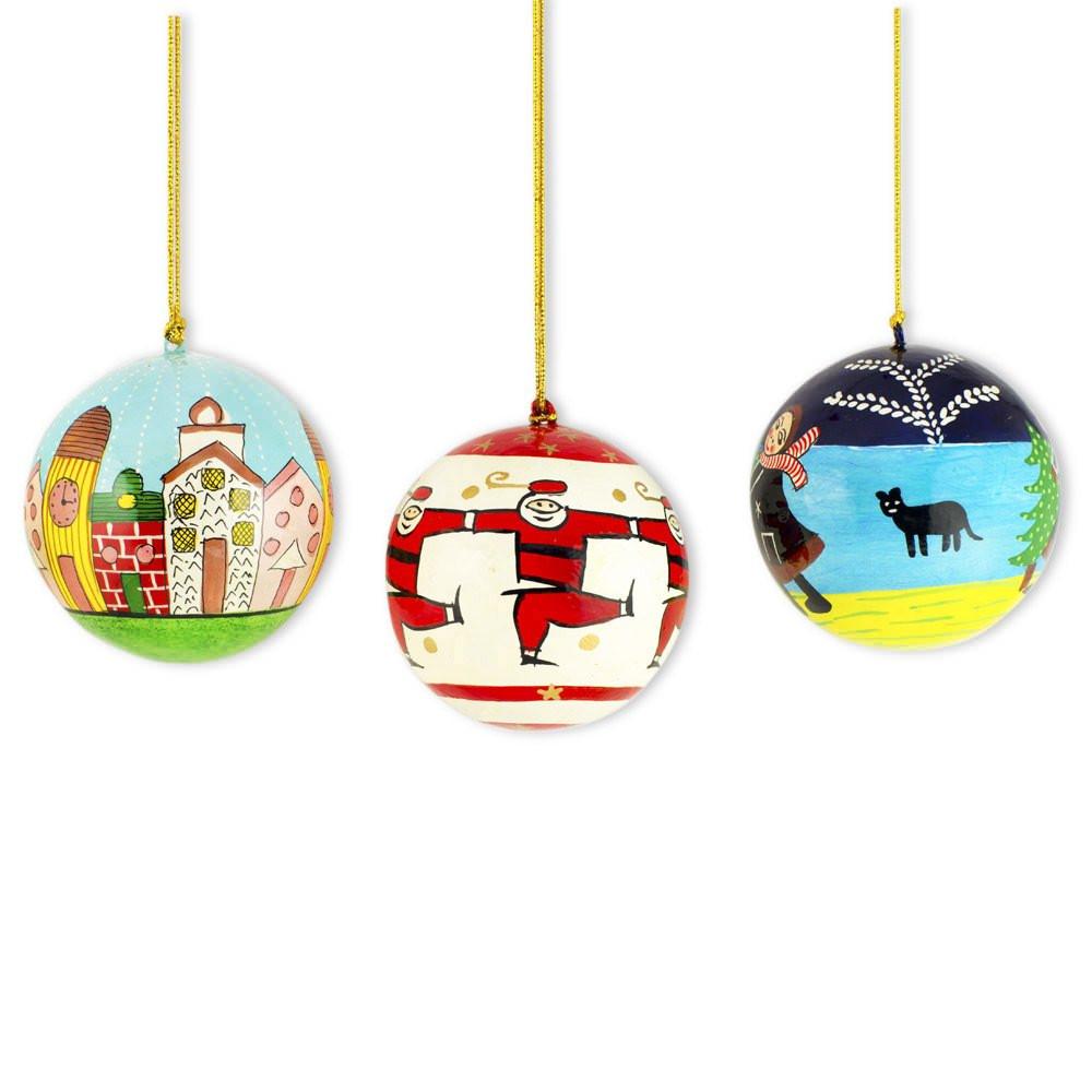 Set Of 3 Santa Wooden Christmas Ball Ornaments  |   Snowmen Ornaments Snowmen