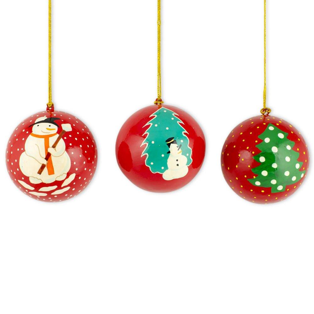 Set Of 3 Snowmen And Christmas Tree Wooden Christmas Ball Ornaments  |   Snowmen Ornaments Snowmen