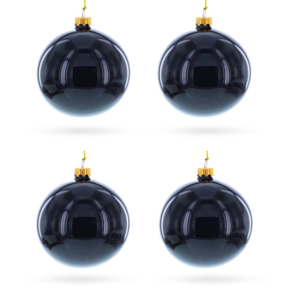 Set Of 4 Glossy Black Glass Ball Christmas Ornaments 4 Inches  |   Custom Custom Custom