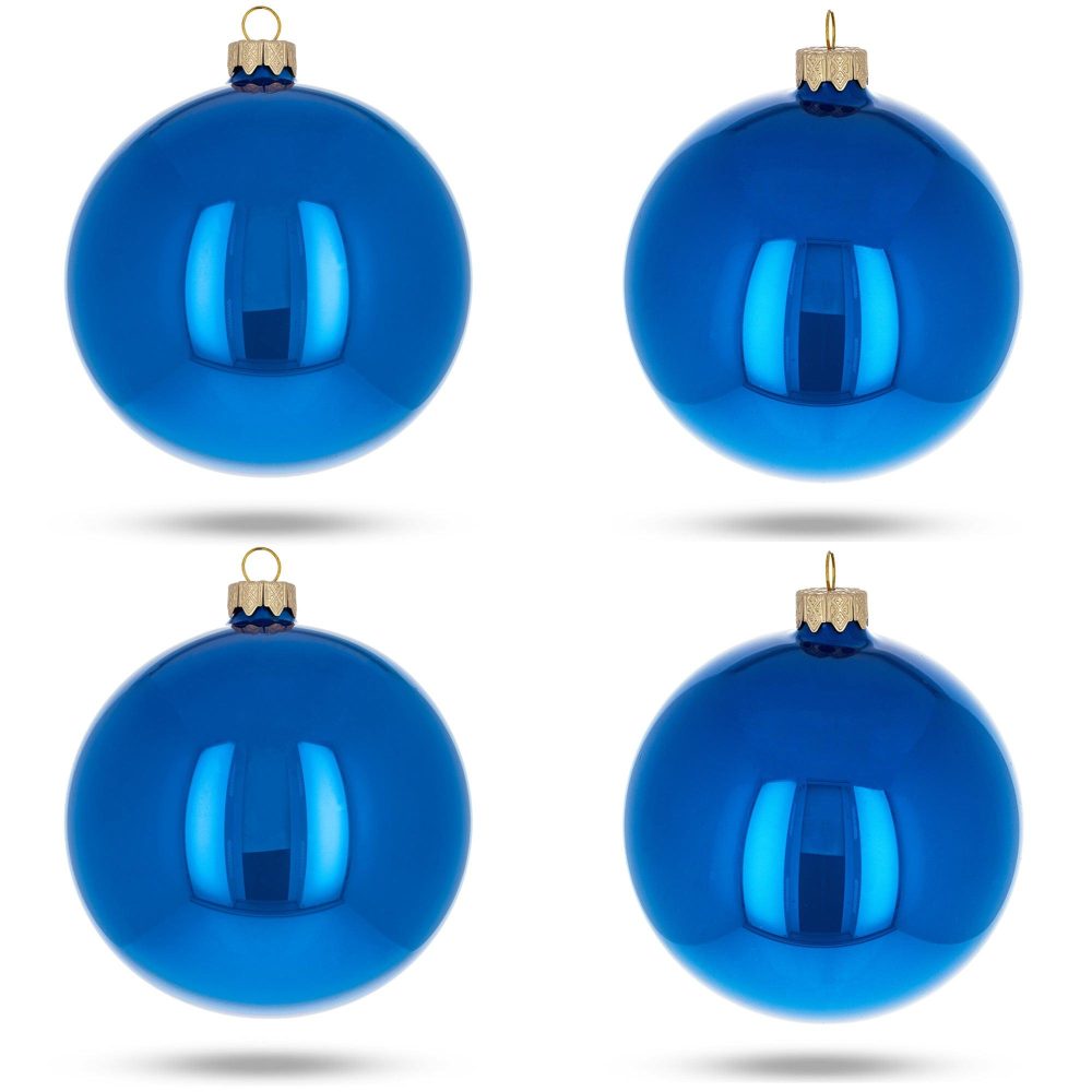 Set Of 4 Glossy Blue Glass Ball Christmas Ornaments 4 Inches  |   Custom Custom Custom