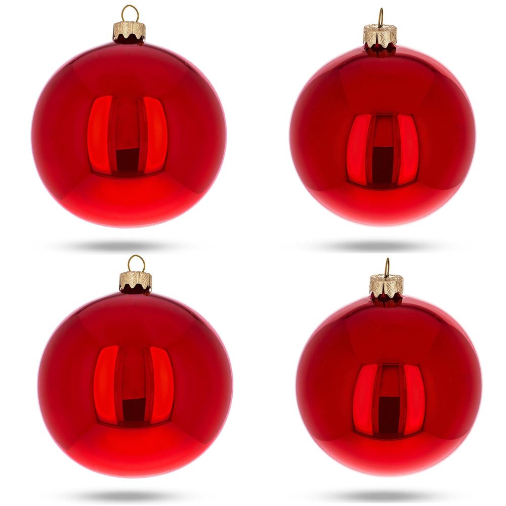 Set Of 4 Glossy Red Glass Ball Christmas Ornaments 4 Inches  |   Custom Custom Custom