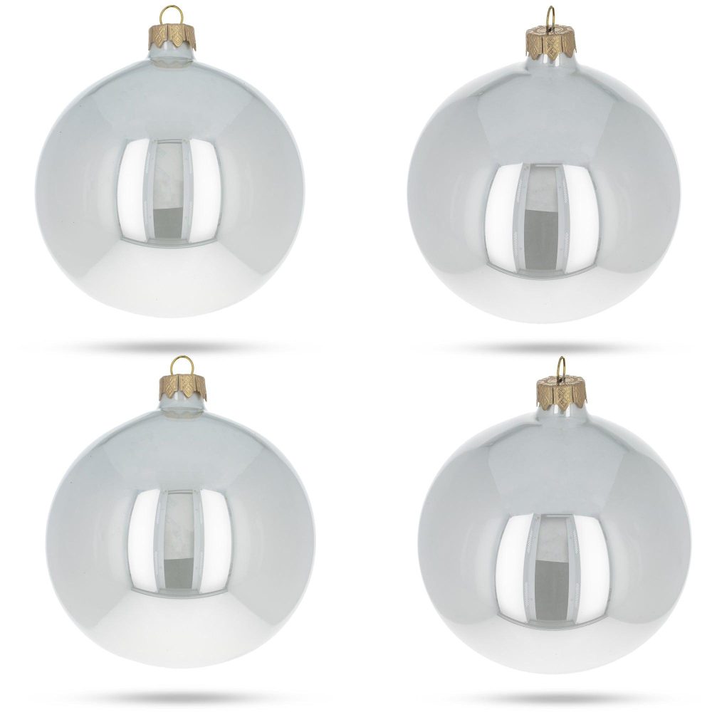 Set Of 4 Glossy White Glass Ball Christmas Ornaments 4 Inches  |   Custom Custom Custom