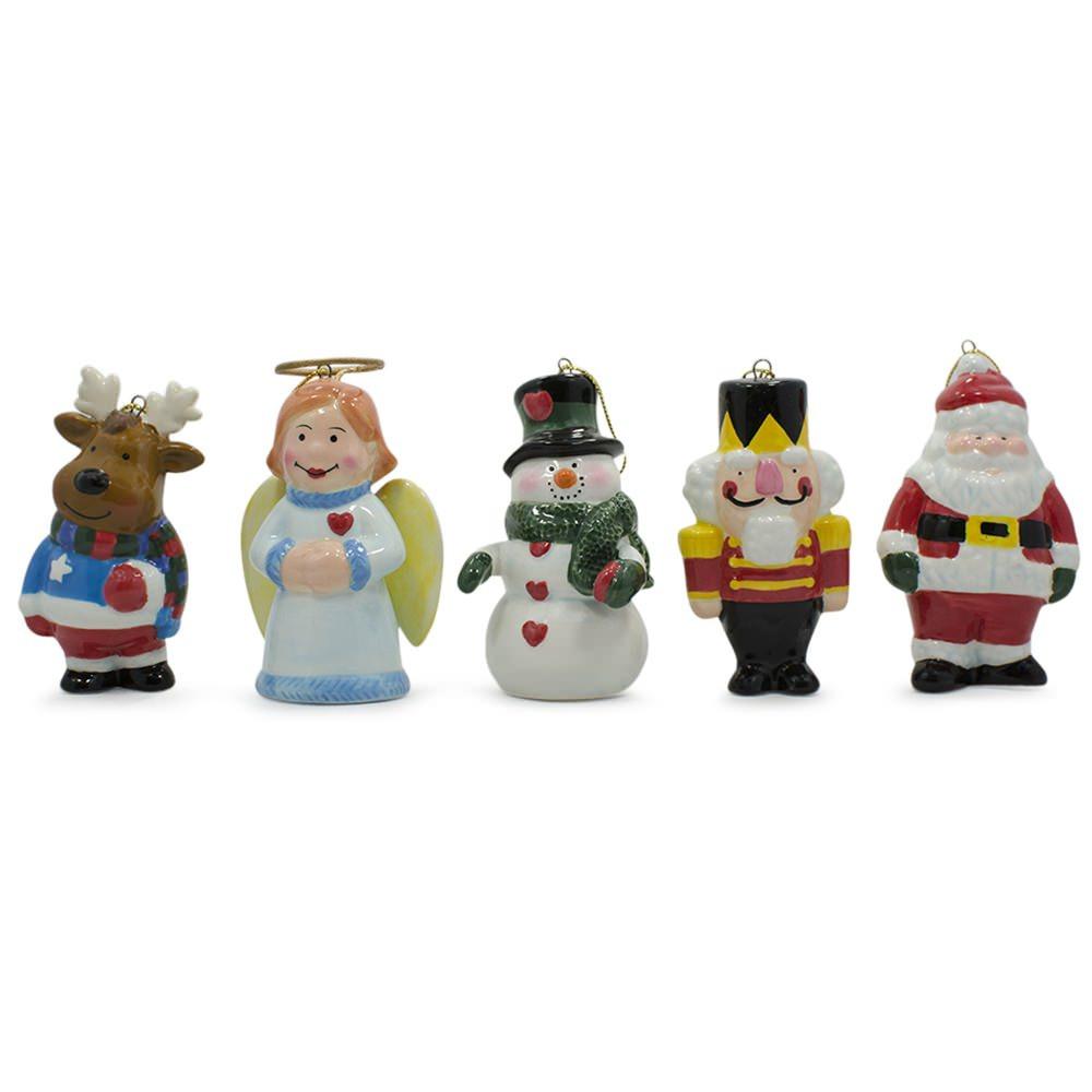 Set Of 5 Ceramic Santa, Angel, Snowman, Nutcracker Christmas Ornaments 3 Inches  |   Santa Ornaments Santa