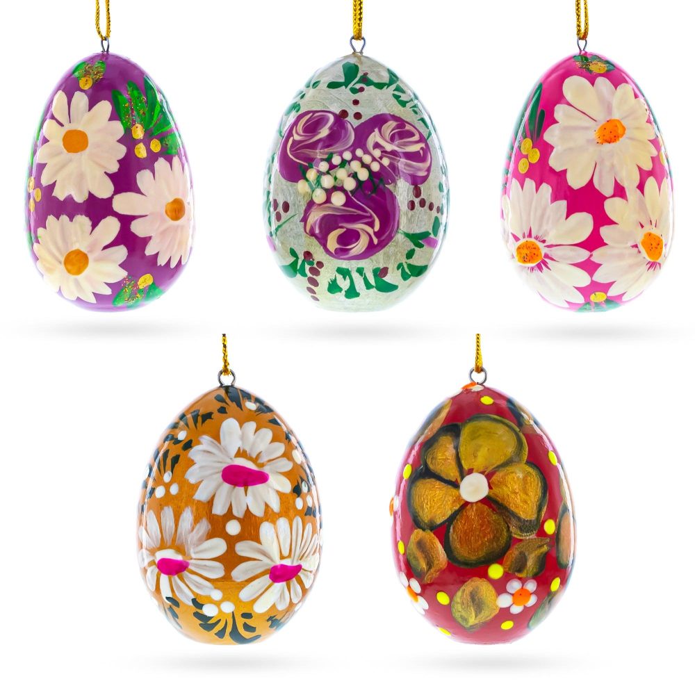 Set Of 5 Flowery Painting Miniatured Multicolored Wooden Easter Egg Ornaments  |   Egg Ornaments Egg Ornaments Egg Ornaments