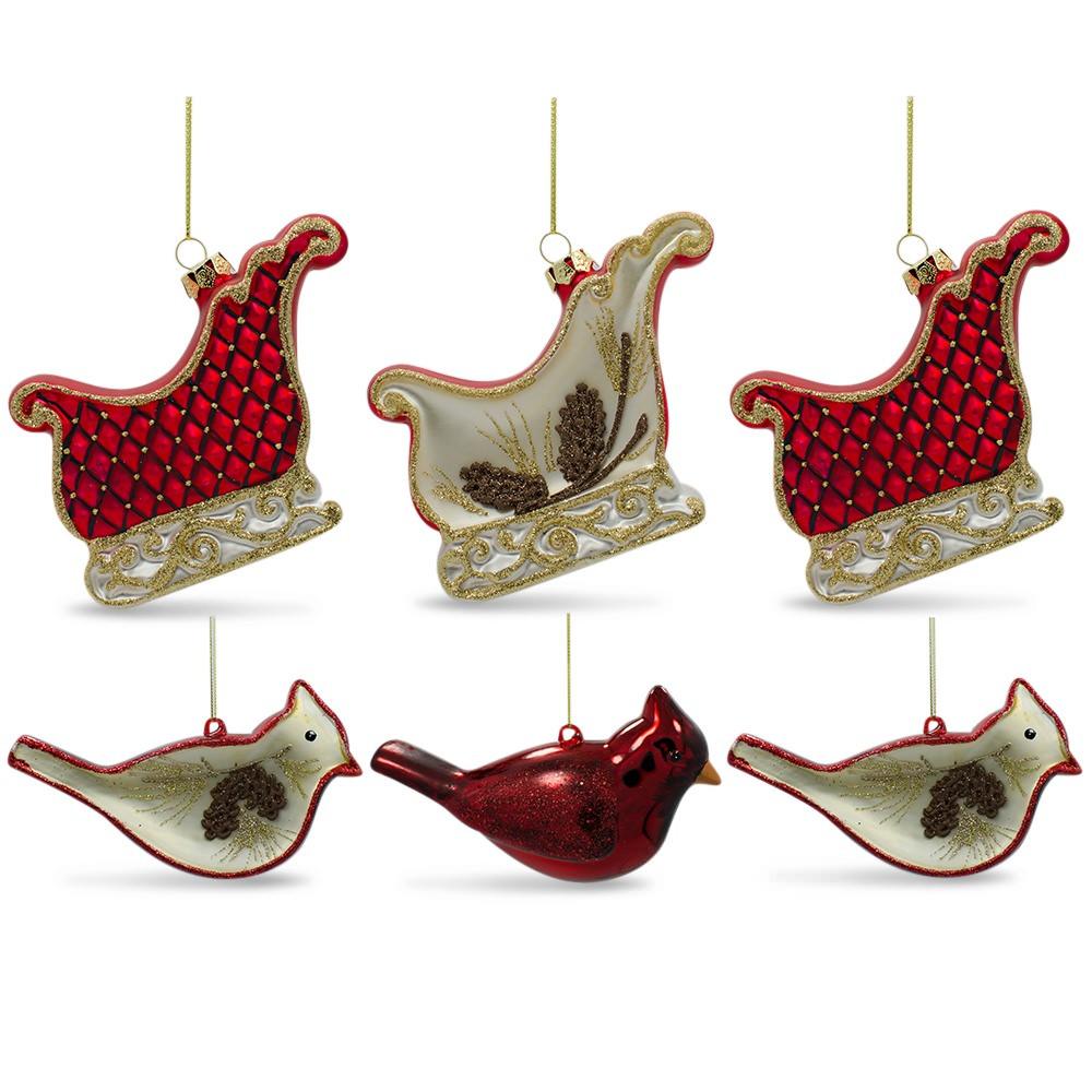 Set Of 6 Cardinals Birds And Sleighs Glass Christmas Ornaments 4 Inches  |   Animals Animals Animals