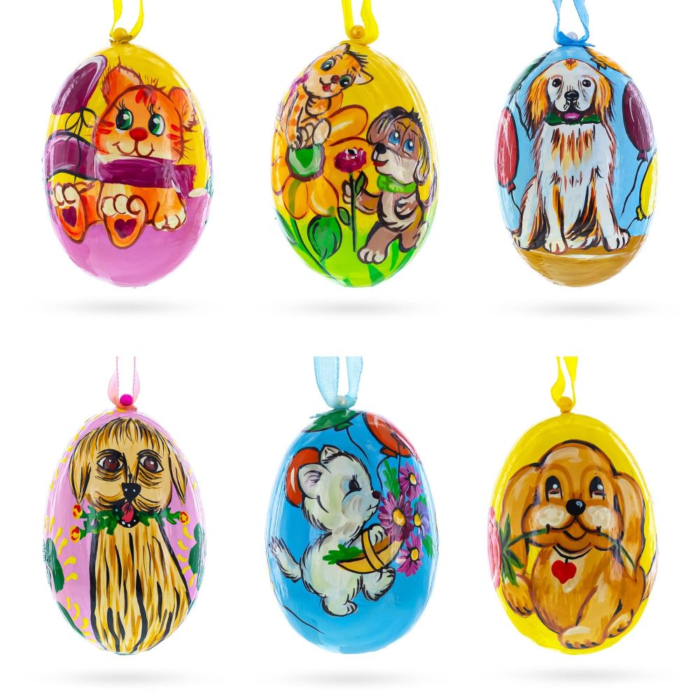 Set Of 6- Cats And Dogs Wooden Easter Wooden Christmas Ornaments3 Inches  |   Animals Animals Animals