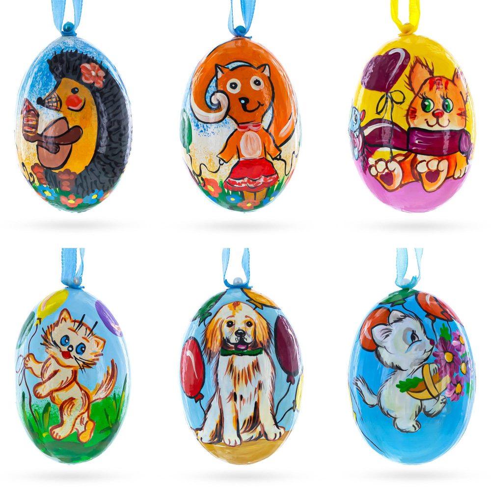 Set Of 6- Dog, Cat, Bear, Squirrel Wooden Christmas Ornaments 3 Inches  |   Animals Animals Animals