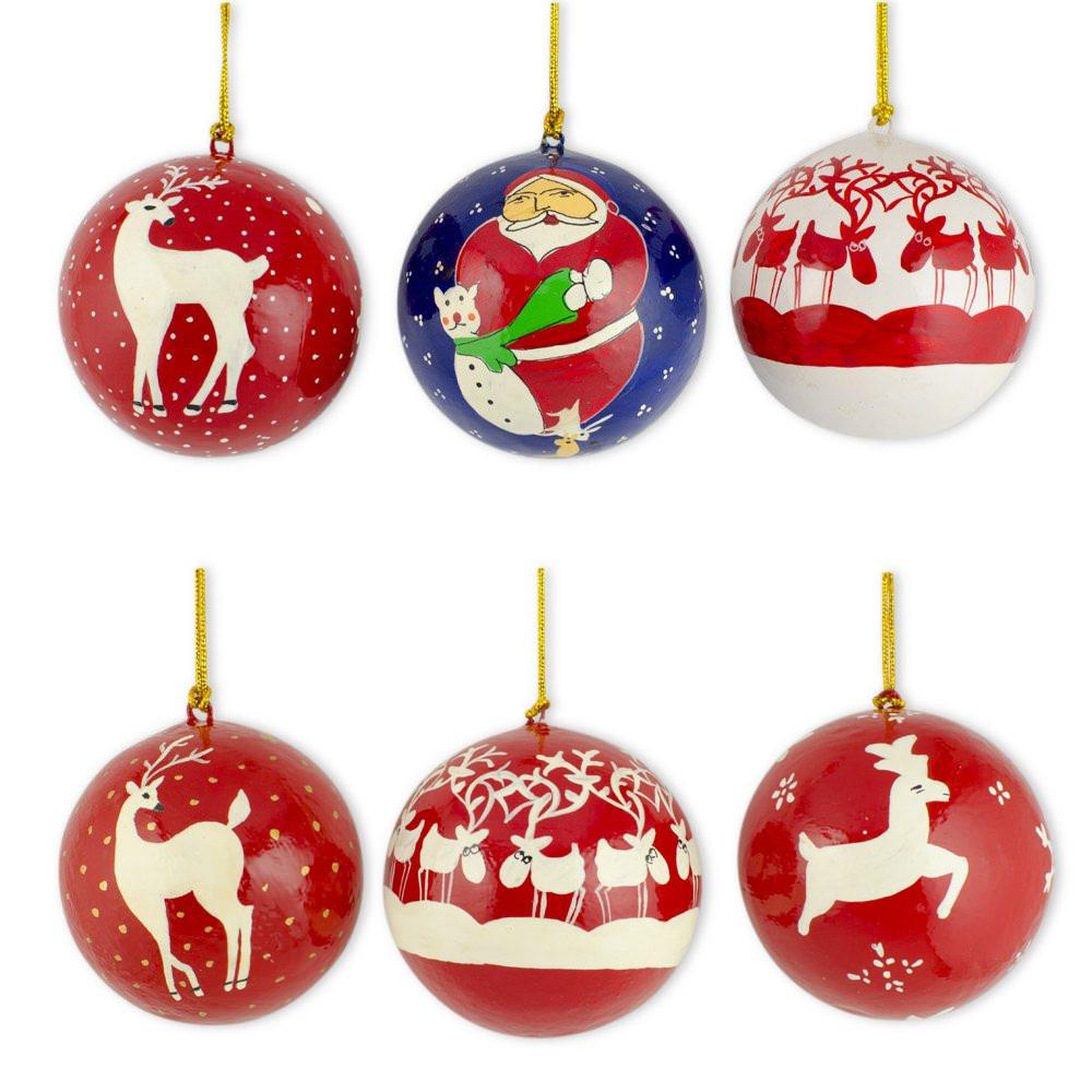 Set Of 6 Santa And Reindeer Wooden Christmas Ball Ornaments  |   Closeouts Sports Closeouts