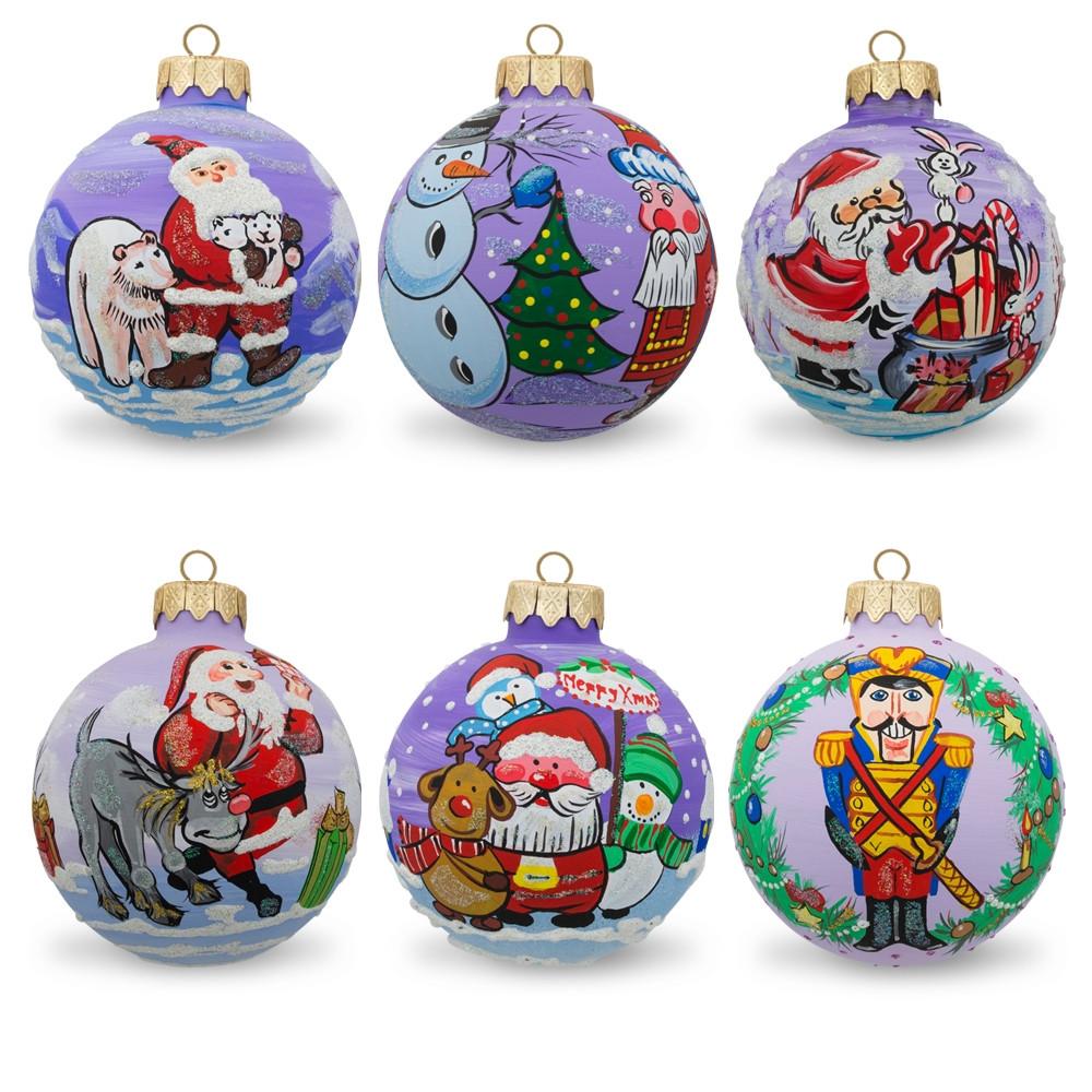 Set Of 6 Santa, Bear, Snowman, Bunny, Reindeer Glass Christmas Ornaments  |   Santa Ornaments Santa