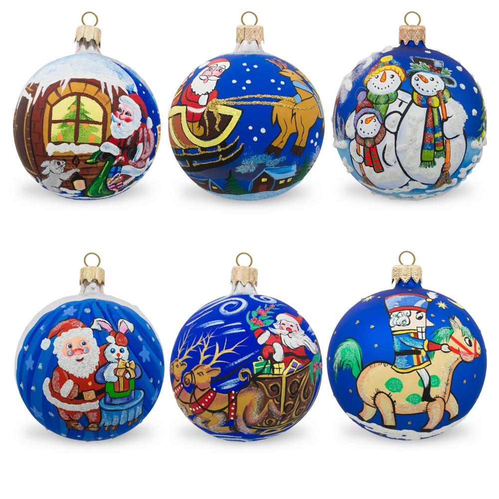 Set Of 6 Santa, Snowman, Bunny, Reindeer, Nutcracker Glass Christmas Ornaments  |   Santa Ornaments Santa