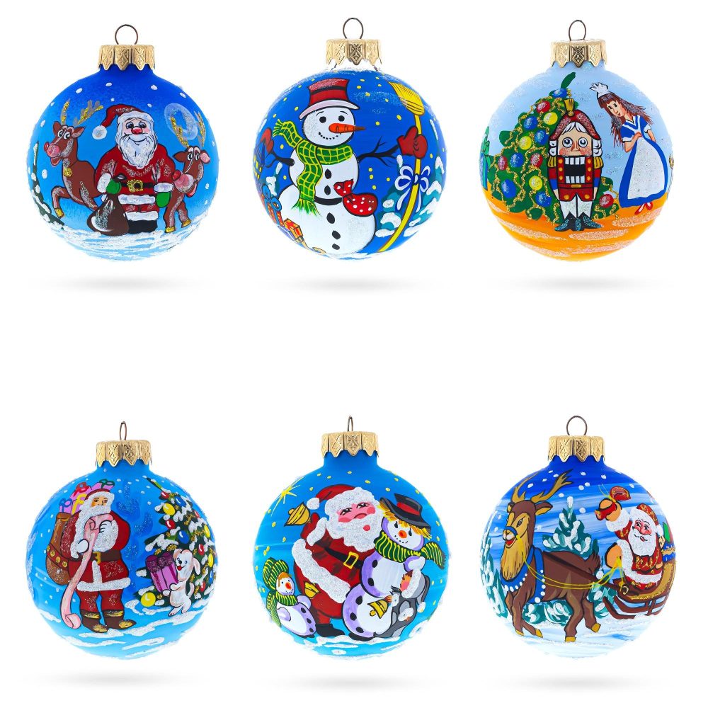 Set Of 6 Santa, Snowman, Reindeer, Nutcracker Glass Christmas Ornaments  |   Santa Ornaments Santa