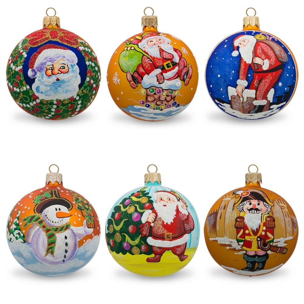 Set Of 6 Santa With Gifts, Snowman, Nutcracker Glass Christmas Ornaments  |   Santa Ornaments Santa