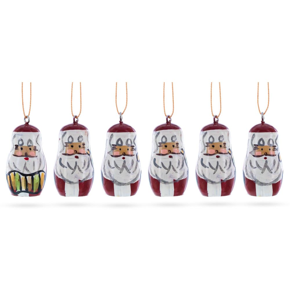 Set Of 6 Santa Wooden Christmas Ornaments 1.5 Inches  |   Santa Ornaments Santa