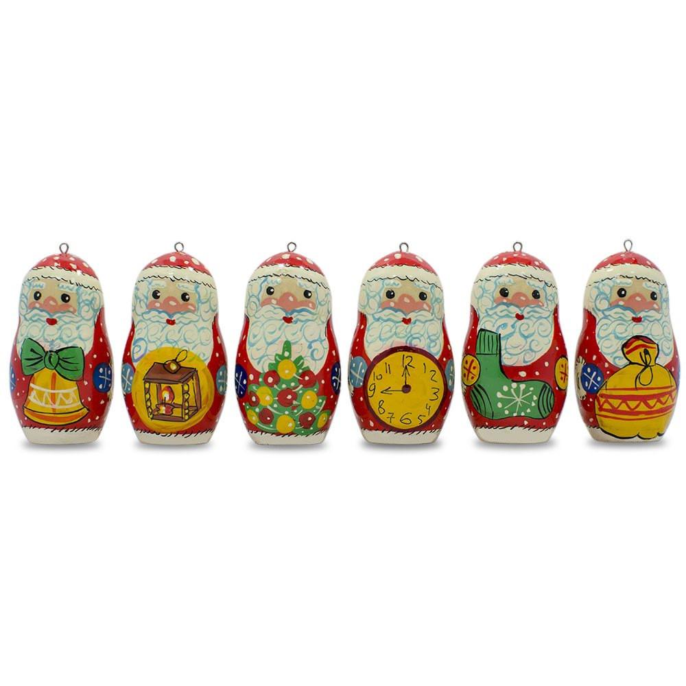 Set Of 6 Santa Wooden Christmas Ornaments 2.25 Inches  |   Santa Ornaments Santa