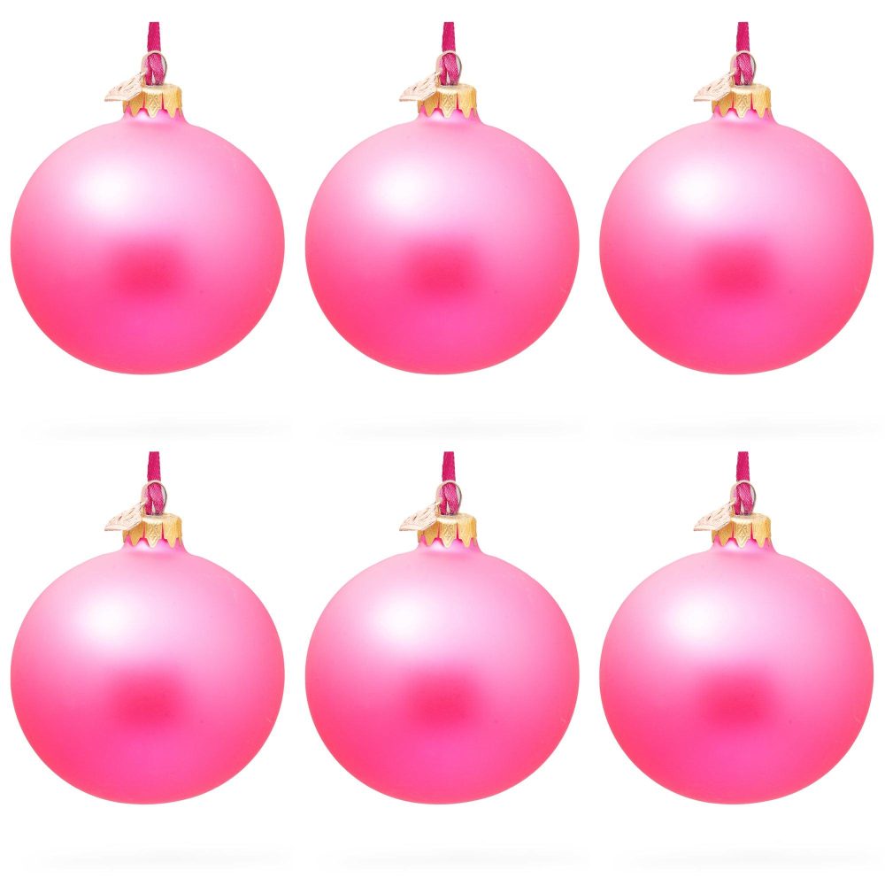 Set Of 6 Solid Pink Glass Ball Christmas Ornaments 3.25 Inches  |   Custom Custom Custom