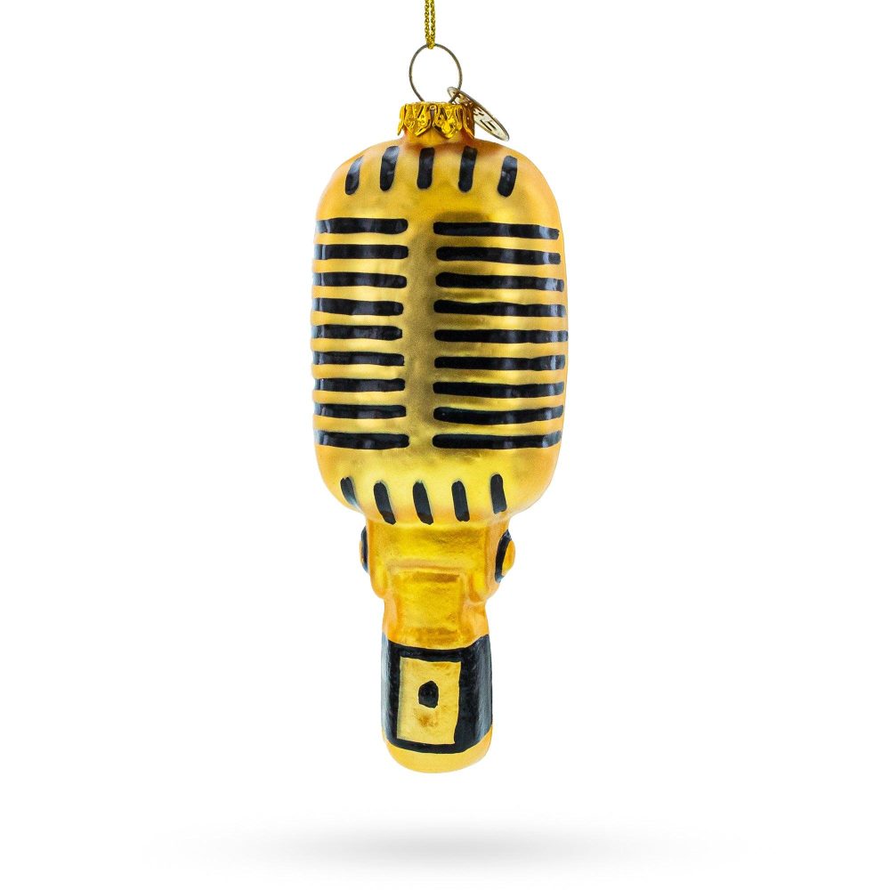 Shiny Golden Microphone Blown Glass Christmas Ornament  |   Music Music Music