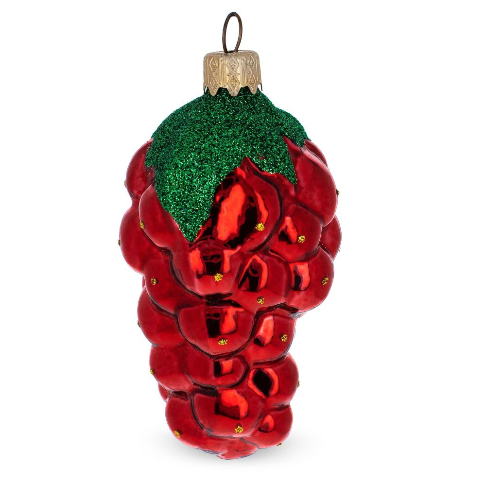 Shiny Grape Cluster With Glittered Leaf Mini Glass Christmas Ornament  |   Food Food Food