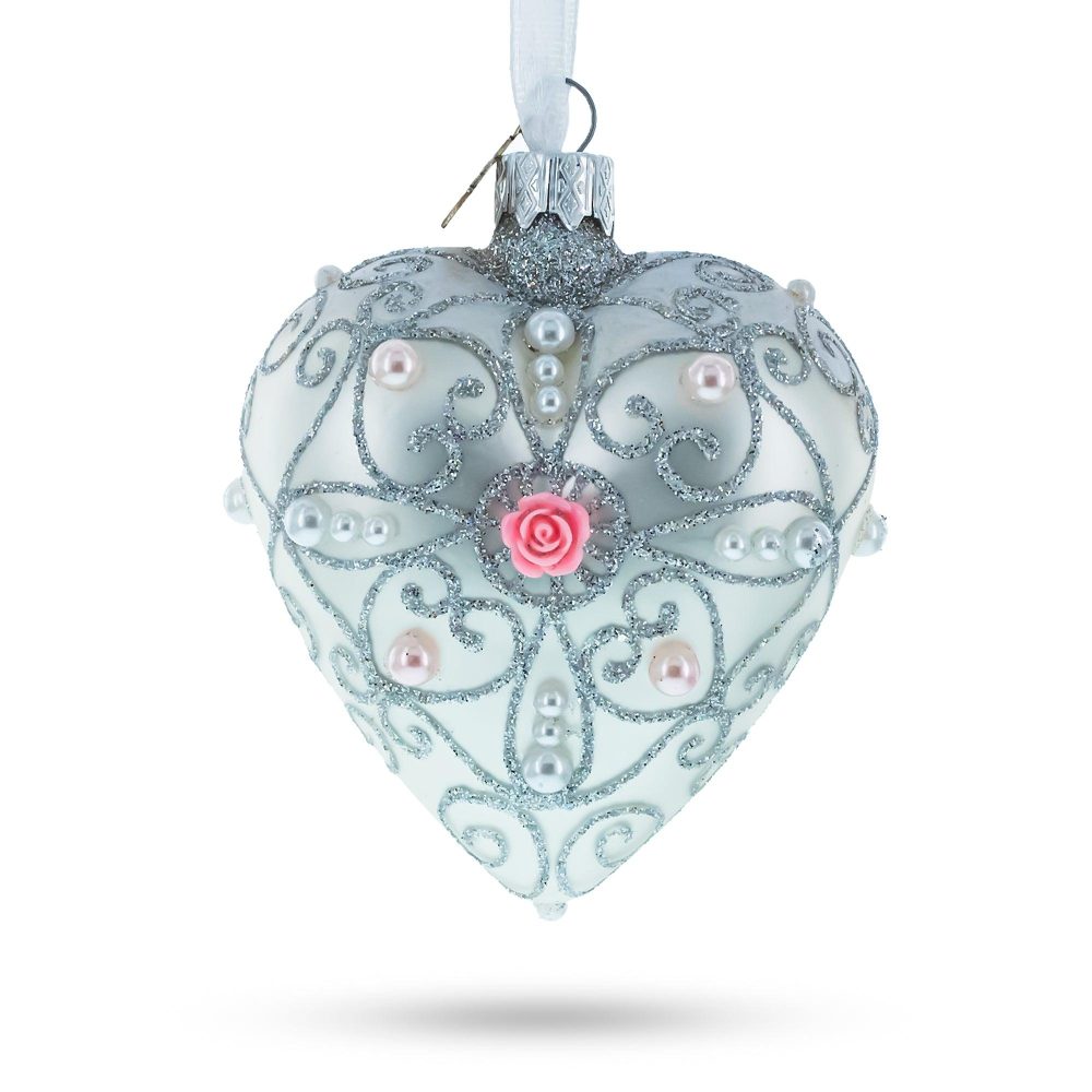 Silver Color Heart With Pink Rose Glass Heart Christmas Ornament  |   Hearts Hearts Hearts