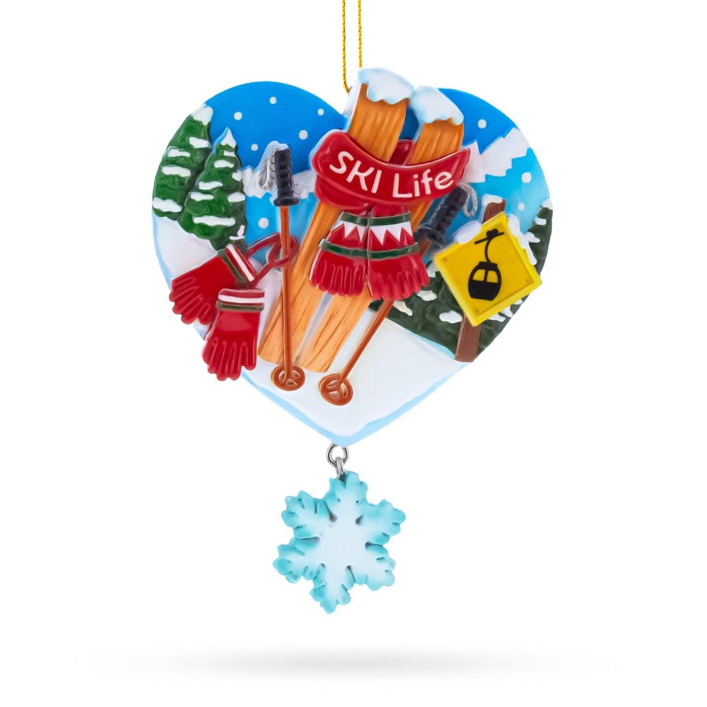 Ski Life Skis With Snowflake And Cable Car Resin Christmas Ornament  |   Personalized Ornaments Personalized