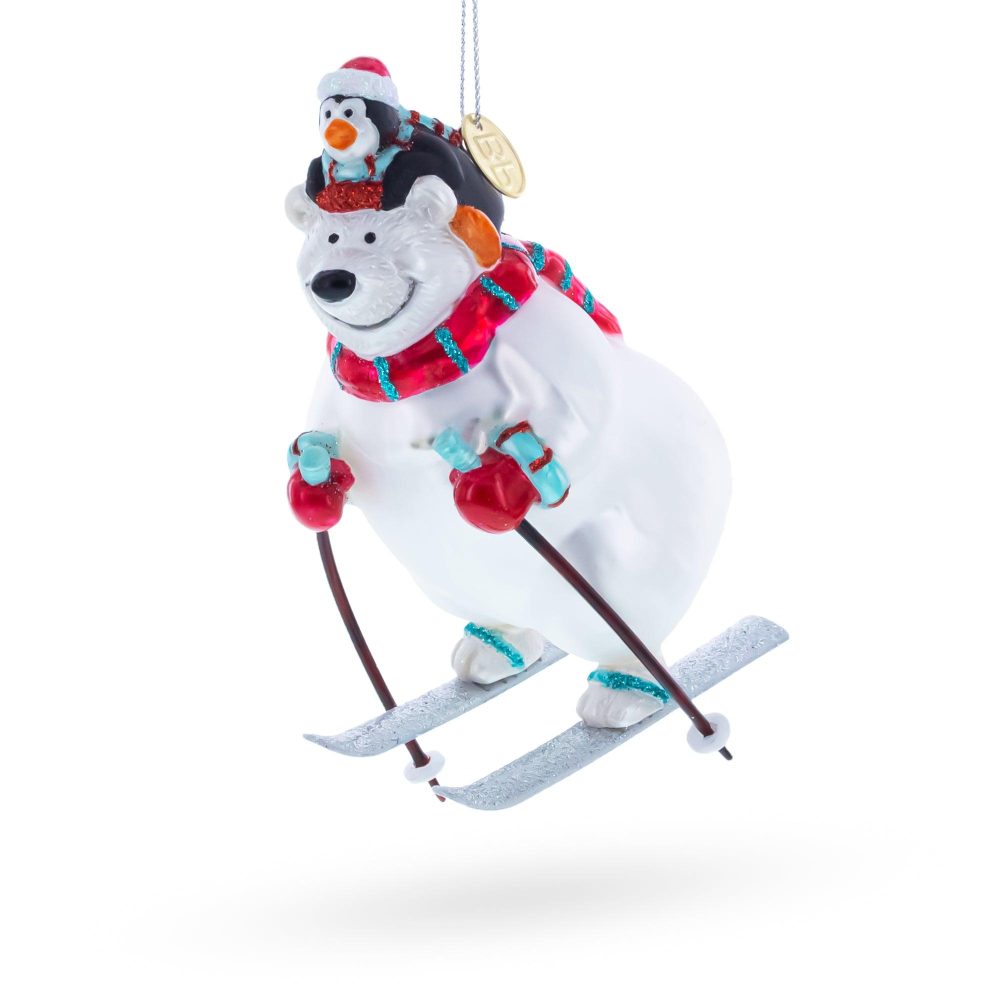 Skiing Polar Bear With Penguin Blown Glass Christmas Ornament  |   Animals Animals Animals