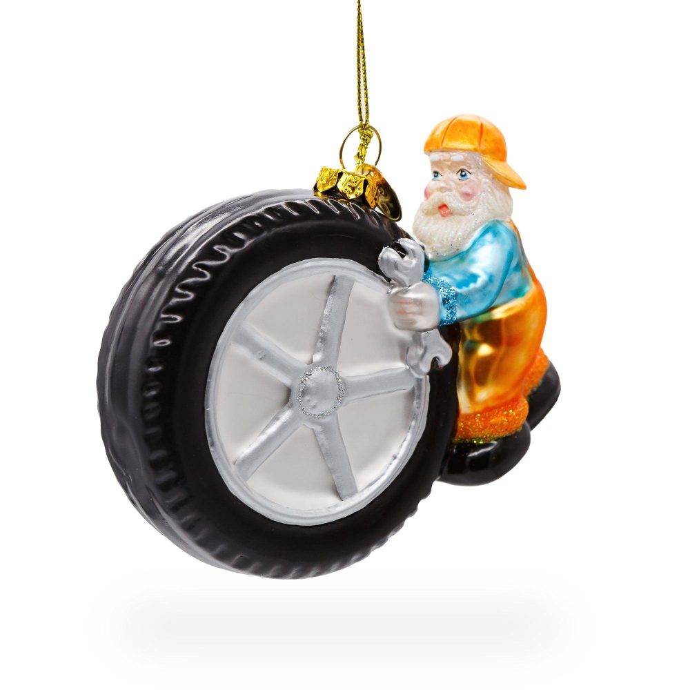 Skilled Tire Repair Mechanic Blown Glass Christmas Ornament  |   Occupations Occupations Occupations