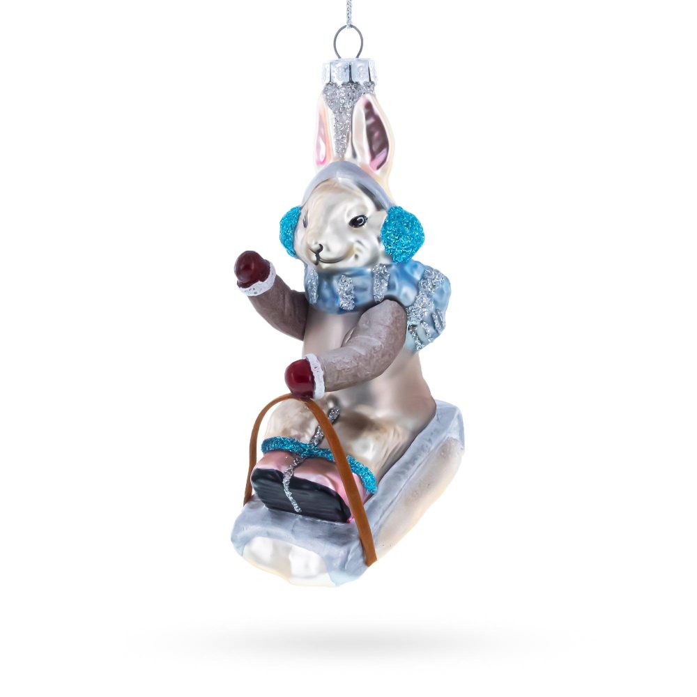 Sledding Bunny Blown Glass Christmas Ornament  |   Animals Animals Animals