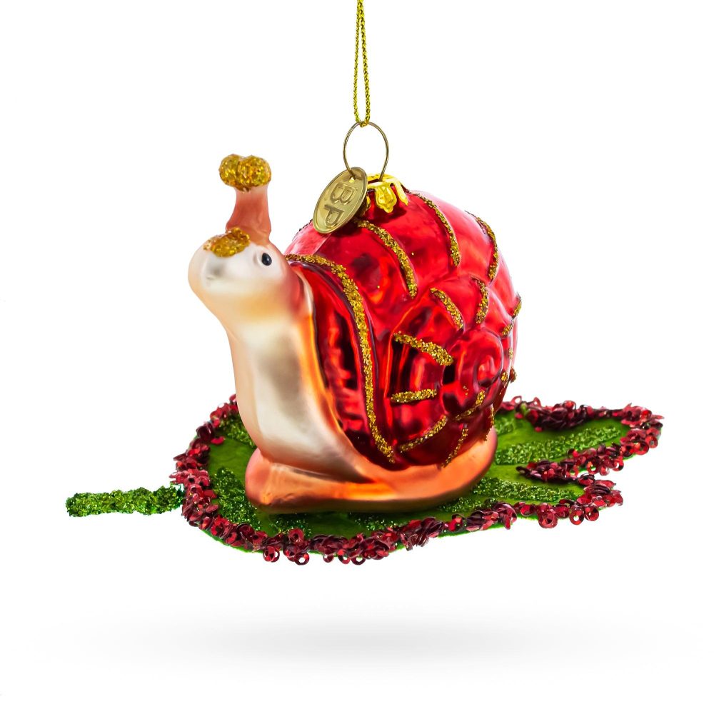 Snail Perched On A Green Leaf Blown Glass Christmas Ornament  |   Animals Animals Animals