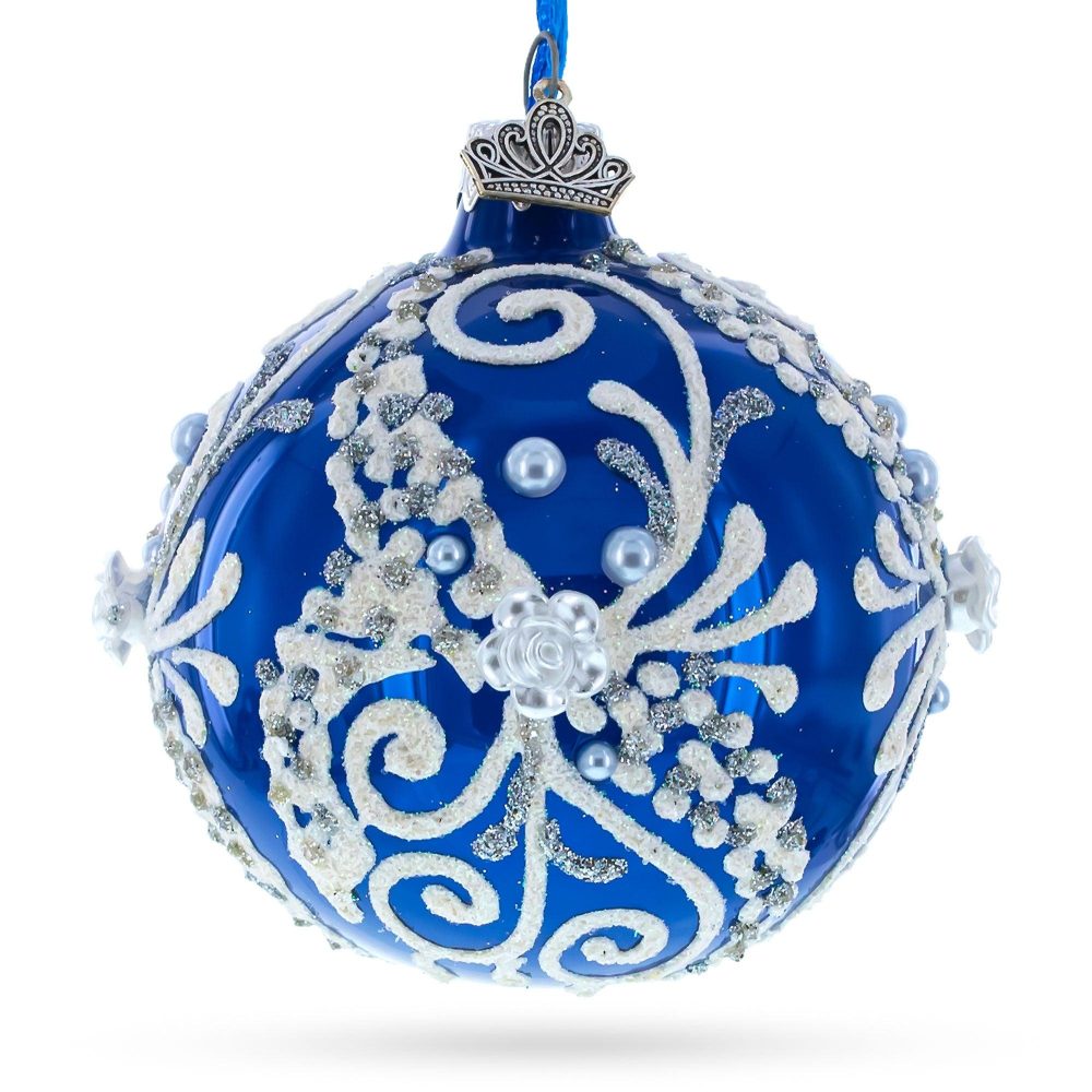 Snow Swirls On Blue Glass Ball Christmas Ornament 3.25 Inches  |   Couturier Couturier Couturier