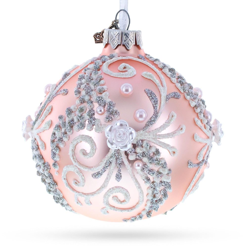 Snow Swirls On Pink Glass Ball Christmas Ornament 3.25 Inches  |   Couturier Couturier Couturier