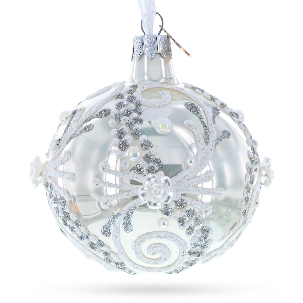 Snow Swirls On White Glass Ball Christmas Ornament 3.25 Inches  |   Couturier Couturier Couturier