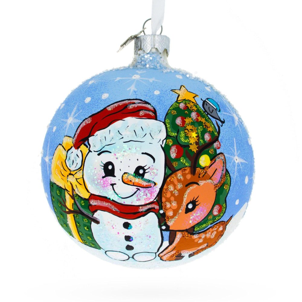 Snowman And Baby Deer First Christmas Glass Ball Christmas Ornament 4 Inches  |   Personalized Ornaments Personalized