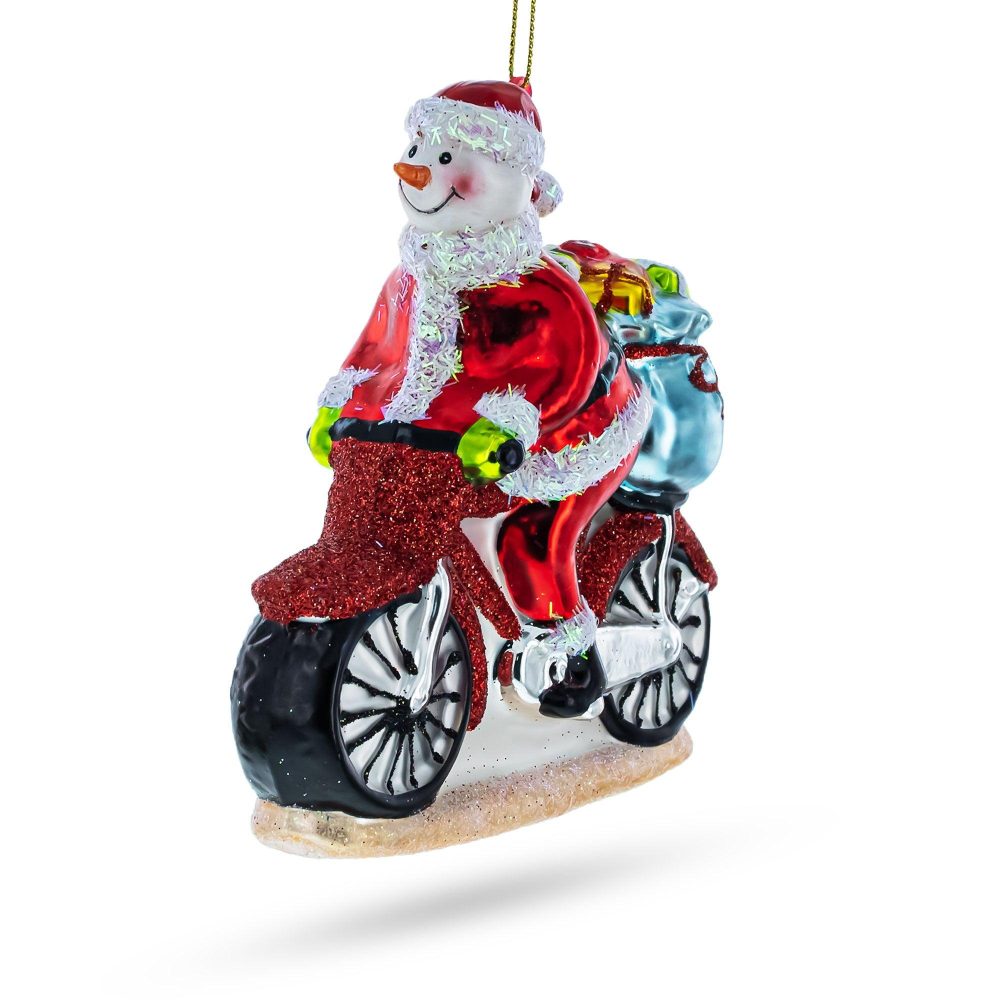 Snowman Biker On The Road Blown Glass Christmas Ornament  |   Hobby Hobby Hobby