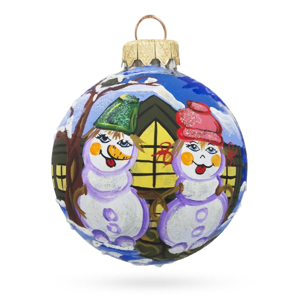 Snowman Couple Blown Glass Ball Christmas Ornament 3.25 Inches  |   Personalized Ornaments Personalized