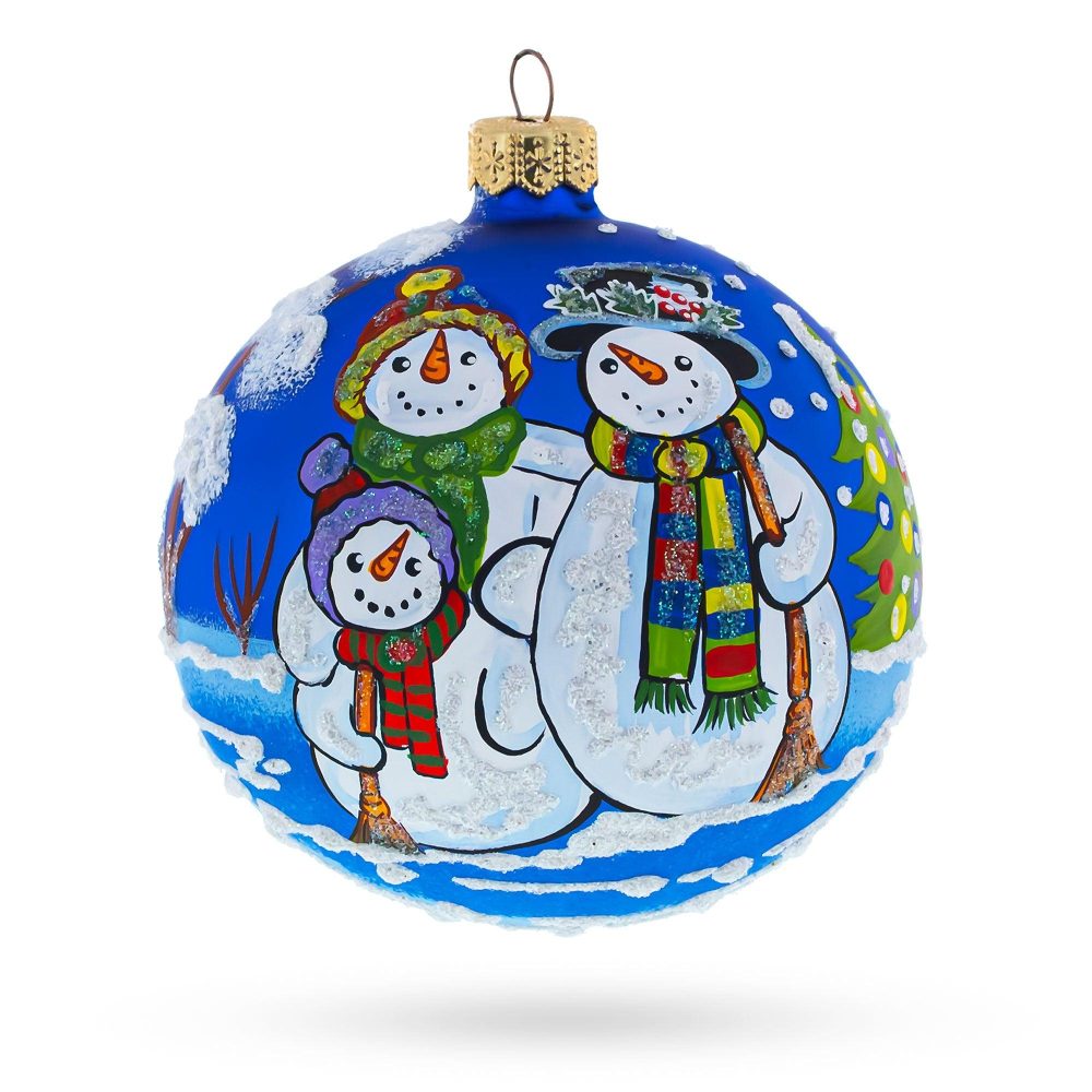 Snowman Family Blown Glass Ball Christmas Ornament 4 Inches  |   Personalized Ornaments Personalized