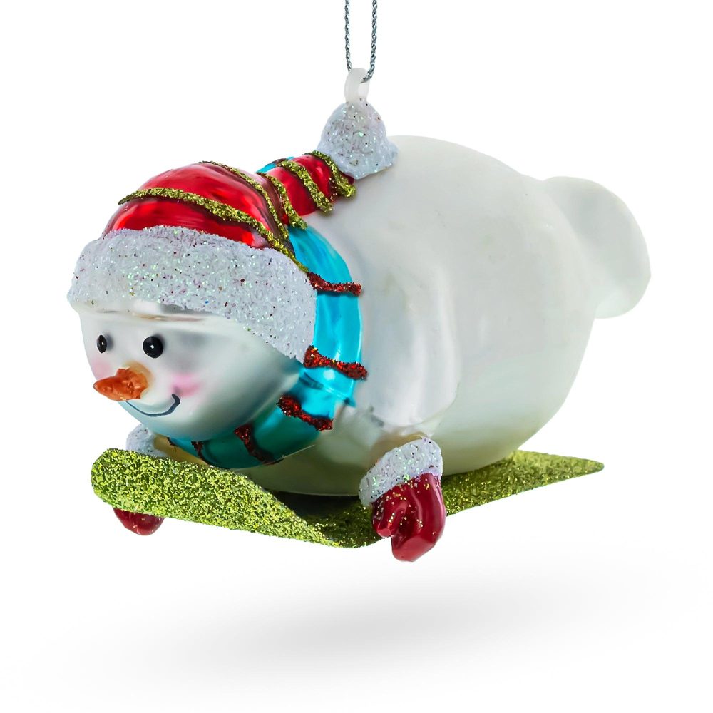 Snowman Gleefully Riding A Sled Glass Christmas Ornament  |   Personalized Ornaments Personalized