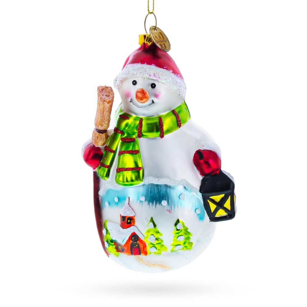 Snowman Holding Broom And Lantern Glass Christmas Ornament  |   Personalized Ornaments Personalized